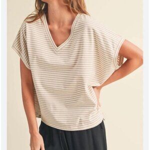 Miou Muse Stripe V-Neck Oversized T-Shirt Top Tan White Women’s Size Small